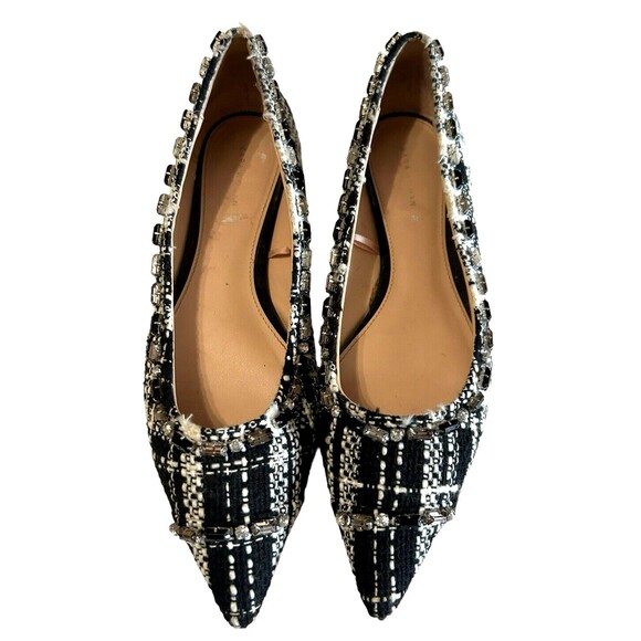 Zara Tweed Beaded Jeweled Fabric Black White Pointed Toe Flat  Shoes EU38 - Picture 4 of 12